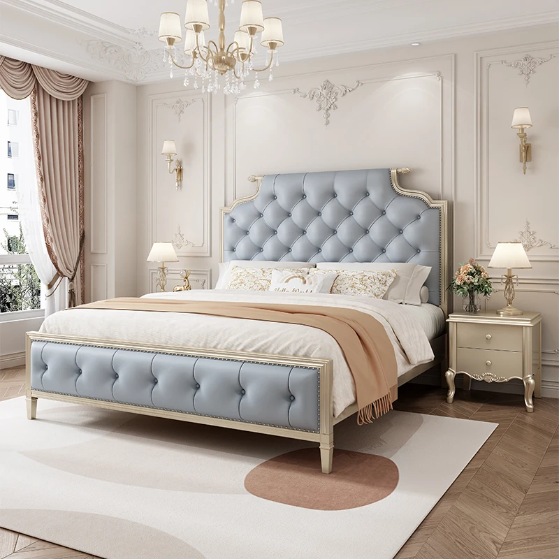 美式轻奢实木床双人主卧大床奢华婚床真皮软包高箱床
