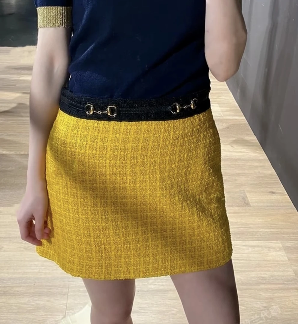 99新 GUCCI/古驰 zz3 黄色编织金属扣短裙/40码/204826