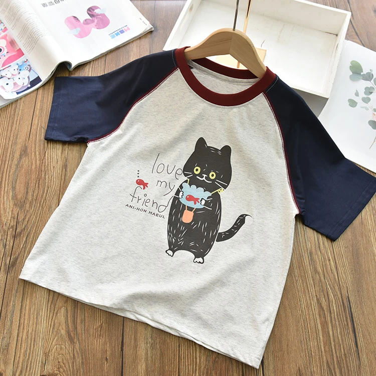 洋气大方|女童薄棉插肩袖卡通短袖T恤中大儿童百搭宽松休闲上衣夏