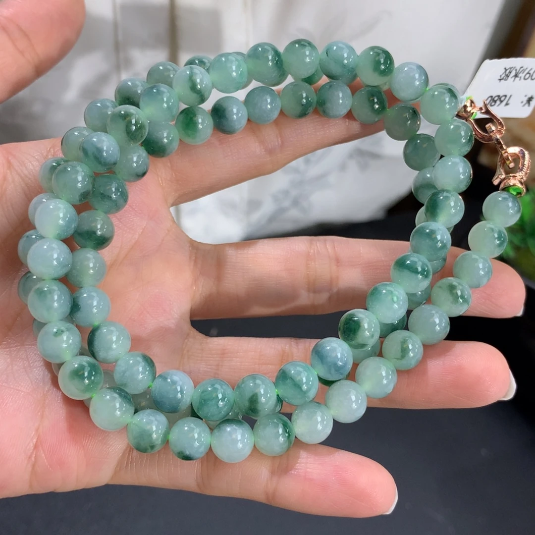 翡翠未镶嵌手串卡7.5胶润晴飘绿花项链