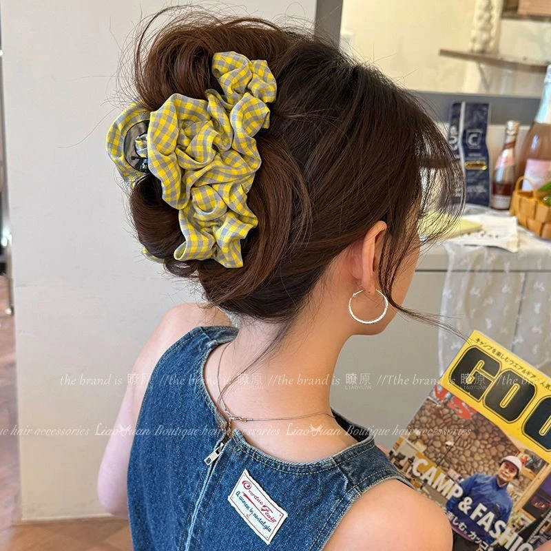 韩系格子布艺盘发抓夹大号鲨鱼夹2025新款高级感气质发夹女后脑勺