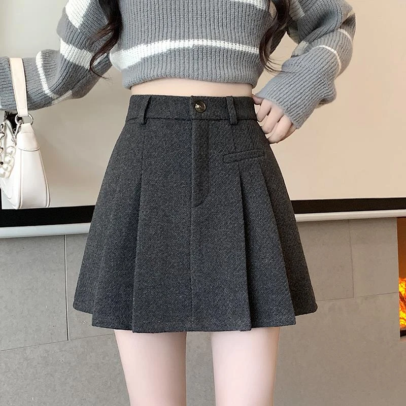 灰色毛呢半身裙女秋冬新款高腰遮跨加厚a字裙小个子百褶休闲短裙