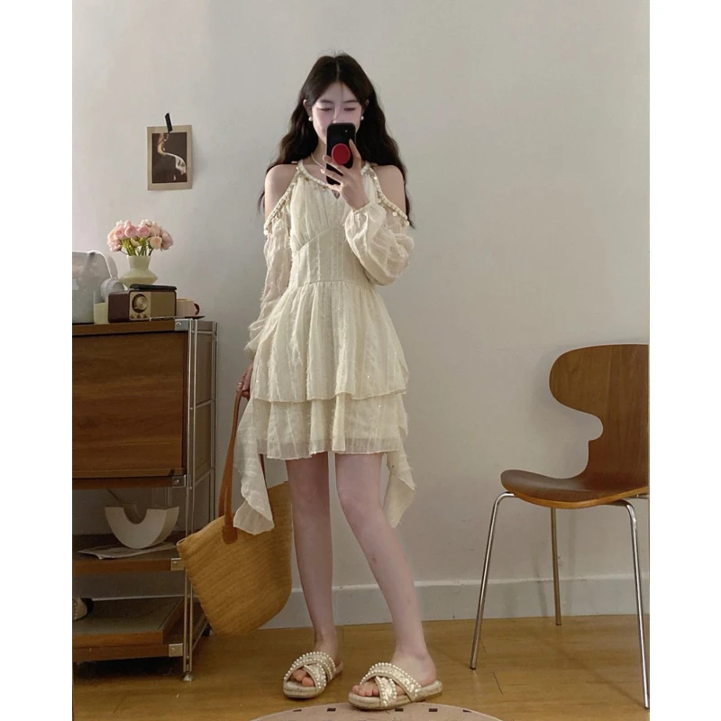 大码春夏新款法式复古甜美露肩连衣裙女A字蓬蓬礼服裙千金仙女裙