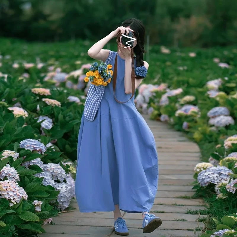 蓝色休闲夏季韩版圆领大裙摆背心裙宽松设计感气质无袖连衣裙日常