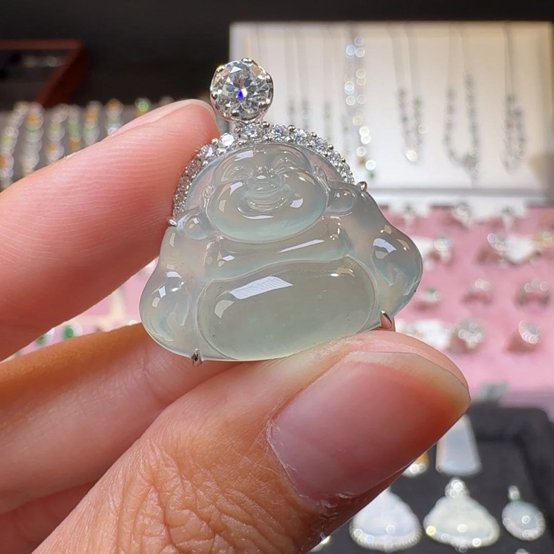 翡翠18K金镶嵌颈饰纯天然缅甸翡翠A货佛公