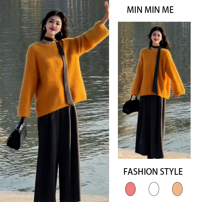 2025秋冬季新款慵懒风时尚圆领韩版针织上衣女搭休闲阔腿裤两件套