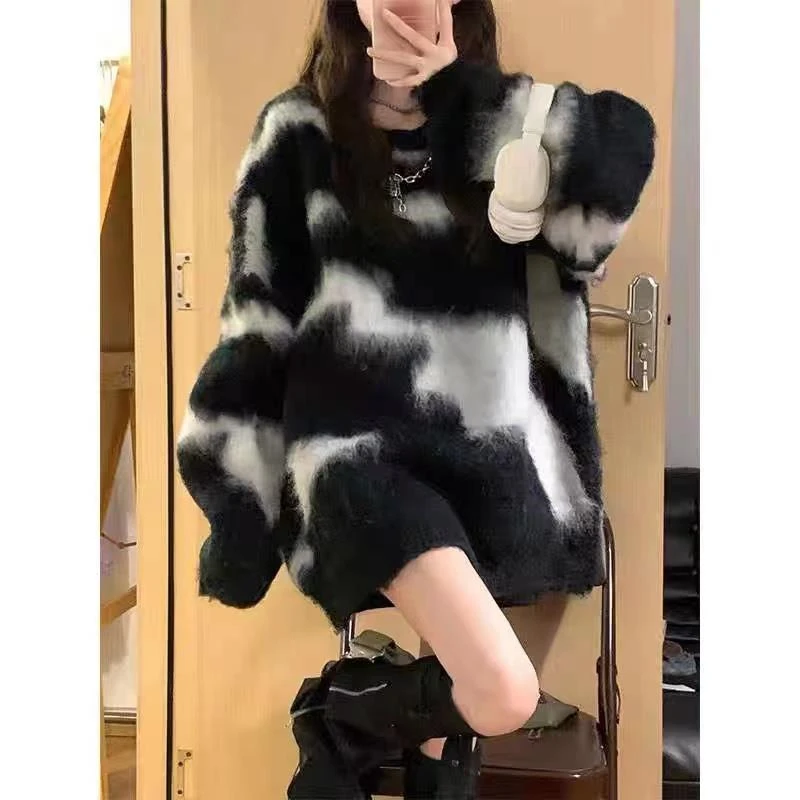大码胖妹妹新款绒毛衣女春秋冬新款日系覆古慵懒风条纹针织衫上衣