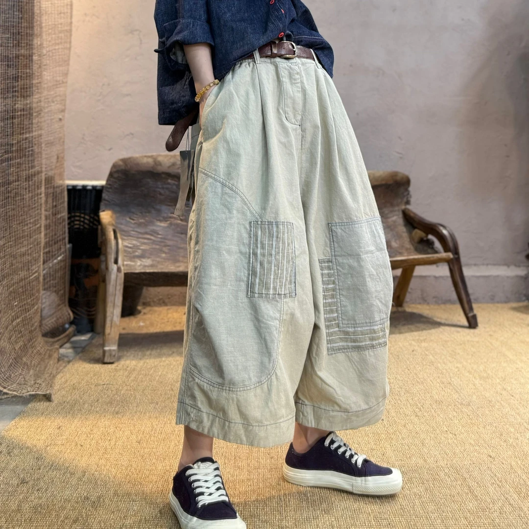 250630忆古朴拙夏季棉麻混纺贴布七分裤休闲宽松直筒百搭休闲裤