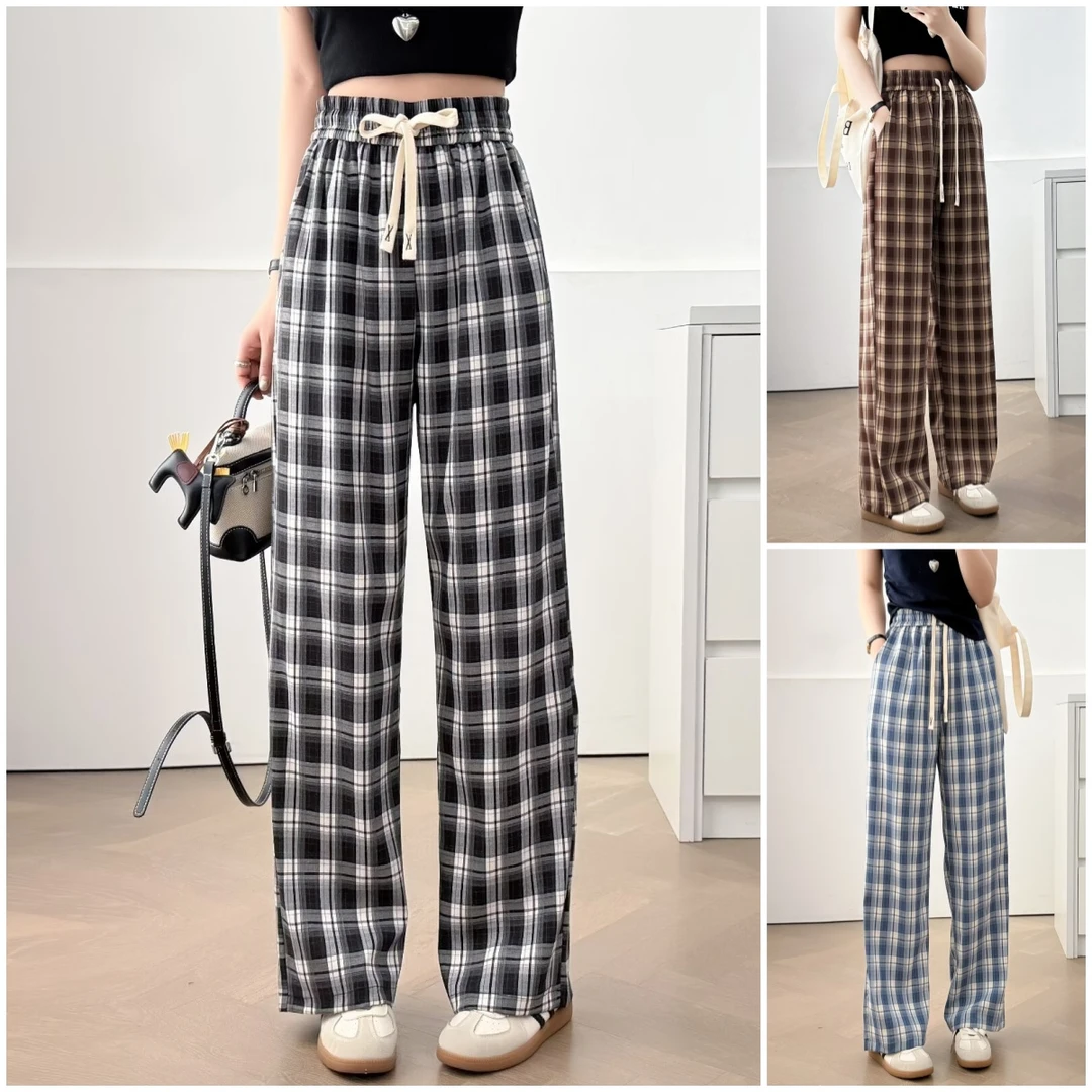 200斤大码显瘦格子透气显瘦夏季棋盘格宽松休闲裤阔腿裤女微弹力