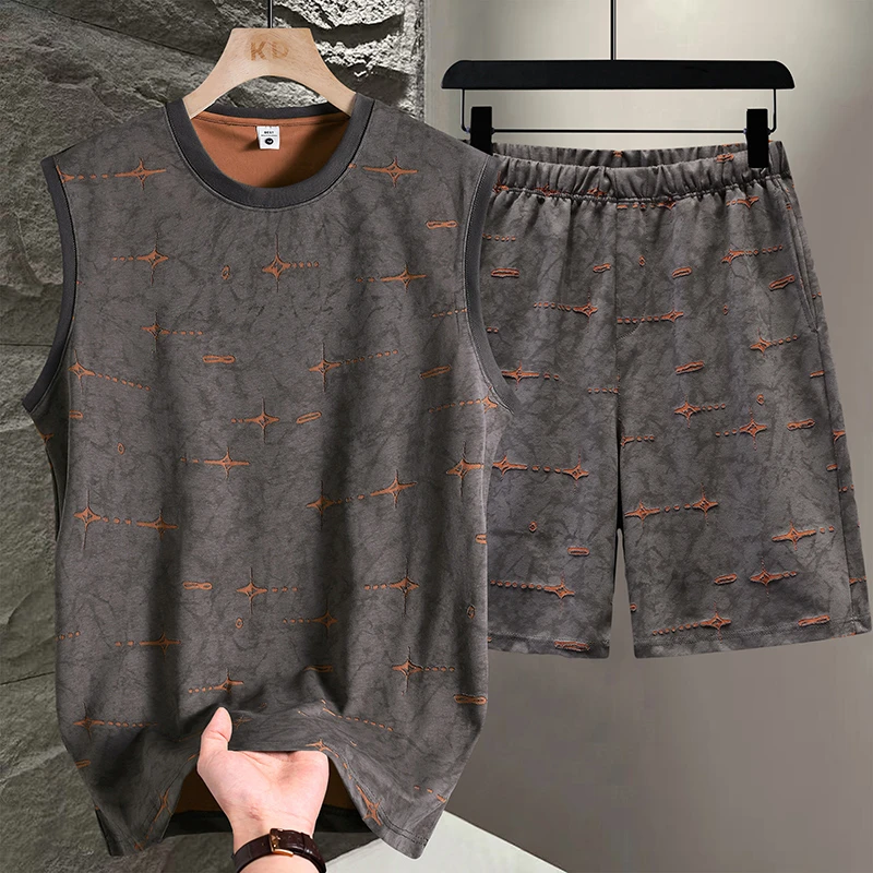 无袖背心运动一整套装男夏季美式潮牌篮球衣坎肩t恤休闲短裤搭配
