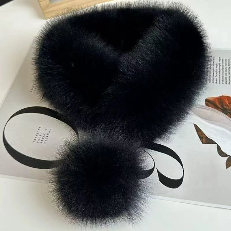 2025年新款时尚纯黑色狐狸毛加獭兔毛内里围巾