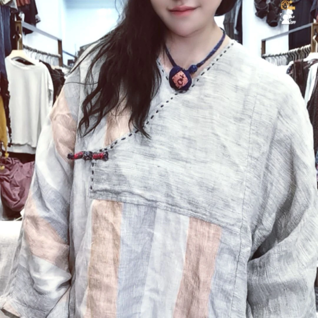 高品质雨露麻V领手工缝线上衣