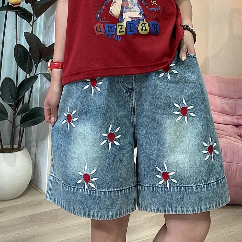 577欧货爆款牛仔五分裤短裤重工刺绣花朵女