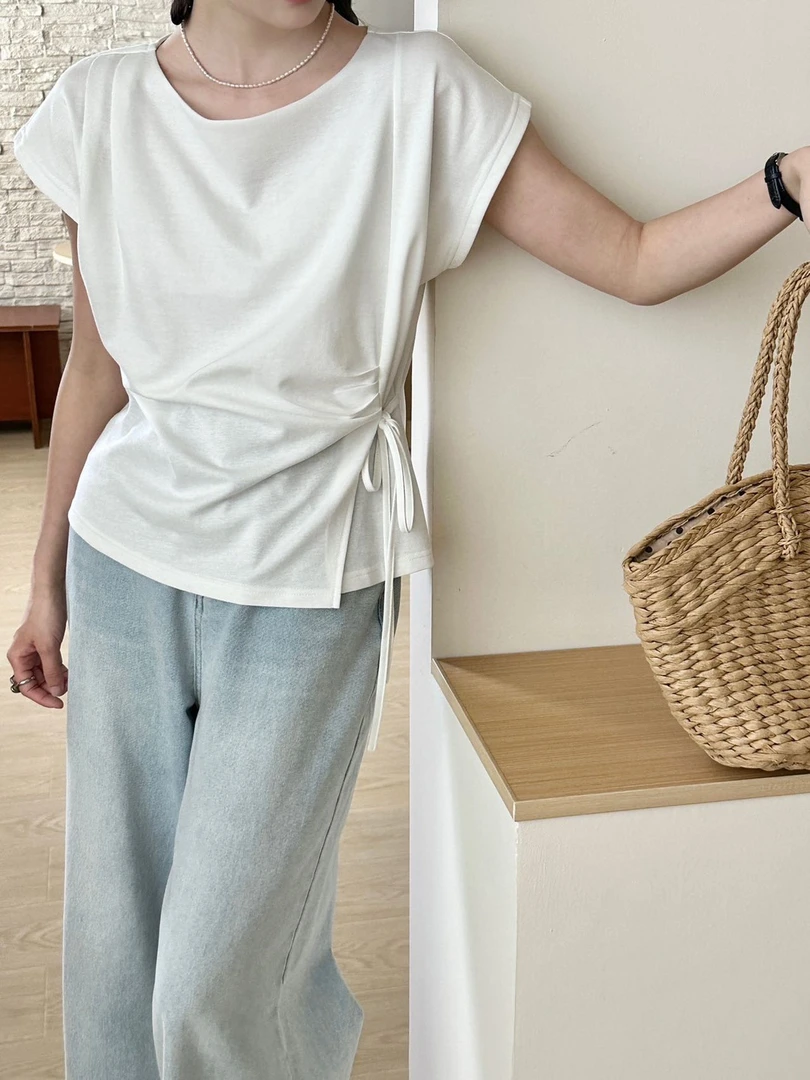 女士夏款时尚显瘦短袖系带款百搭洋气上衣T恤
