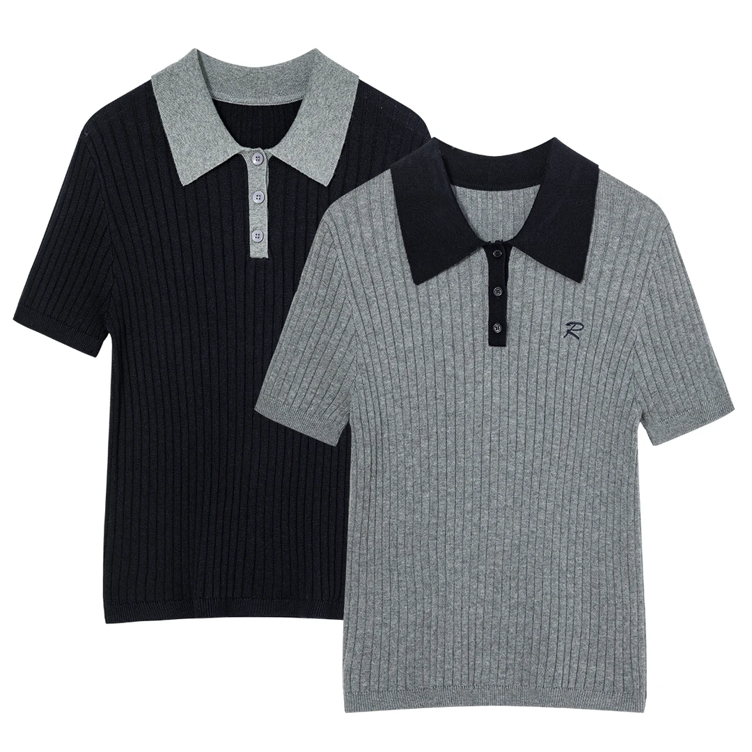 自媒体夏季韩系刺绣短袖针织衫polo领撞色洋气2025新款女上衣742