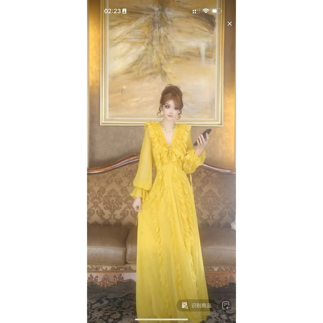 法式气质出游收腰显瘦V领连衣裙长裙裙子甜美仙女裙长袖轻奢黄色