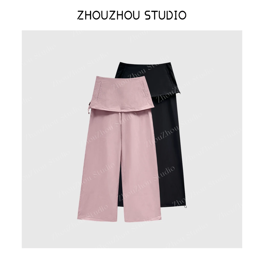 ZhouZhou25秋冬新品 显瘦假两件休闲裤女直筒宽松袋鼠裤阔腿裙裤