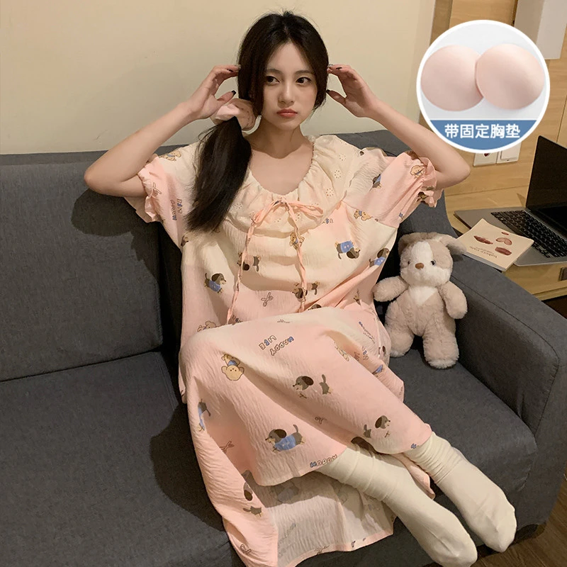 带胸垫短袖睡裙睡衣女生夏季2025新款家居服甜美可爱舒适粉色小狗