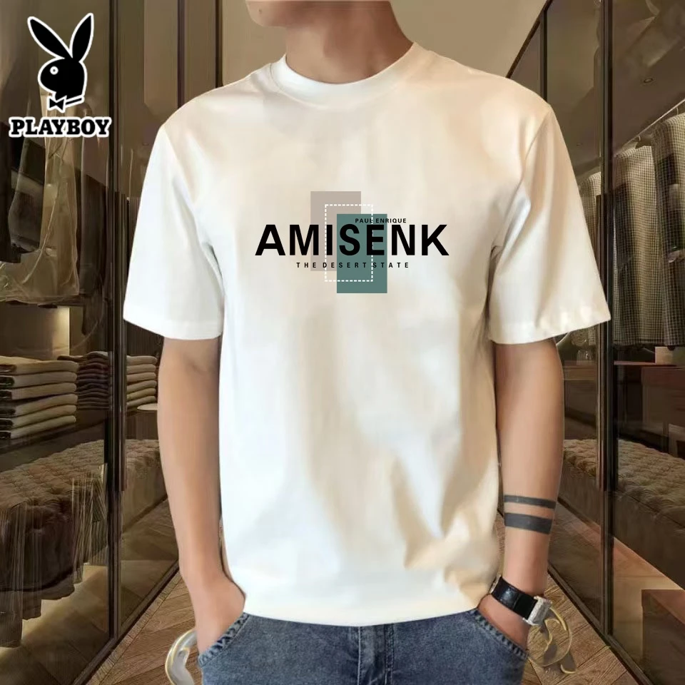 花花公子短袖男士纯棉简约休闲时尚T恤百搭圆领夏季运动半袖潮流