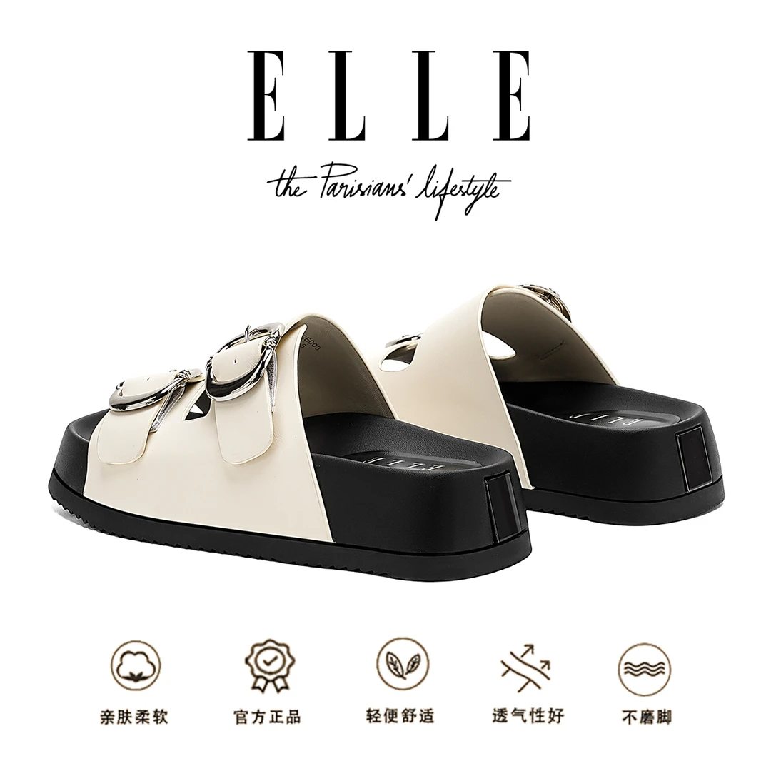 ELLE增高厚底拖鞋女2025夏季新款沙滩鞋白色勃肯鞋露趾双扣凉拖鞋