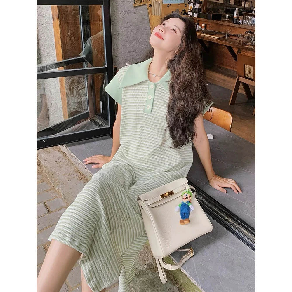 孕妇装春夏季法式甜美减龄Polo领宽松针织中长款孕妇哺乳连衣裙