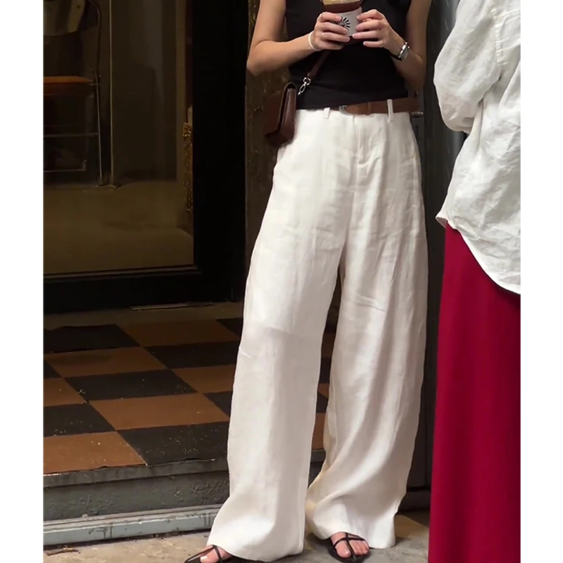 白色亚麻休闲裤女2025夏季新款简约百搭通勤高腰显瘦宽松阔腿长裤