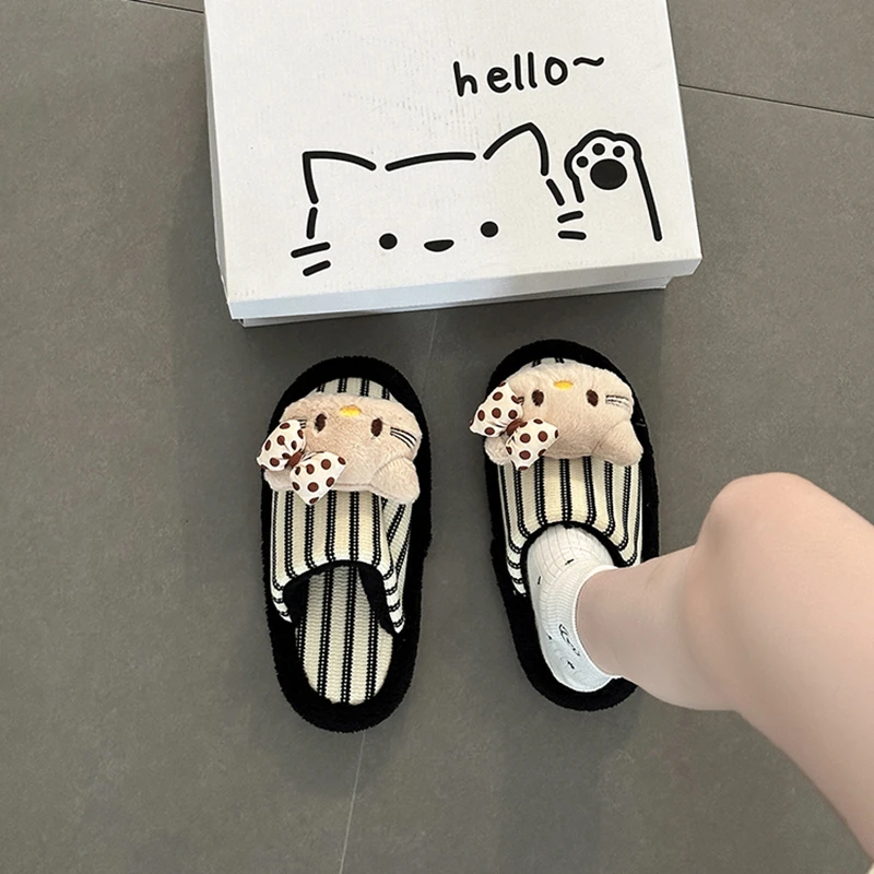 日式可爱卡通条纹大头猫咪毛毛拖鞋女2025冬新款外穿厚底包头拖鞋