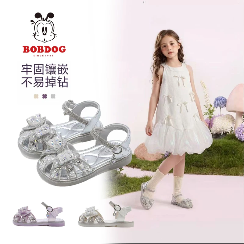 Bobdog/巴布豆2026新款镂空女童夏季新款蝴蝶结公主风包头凉鞋