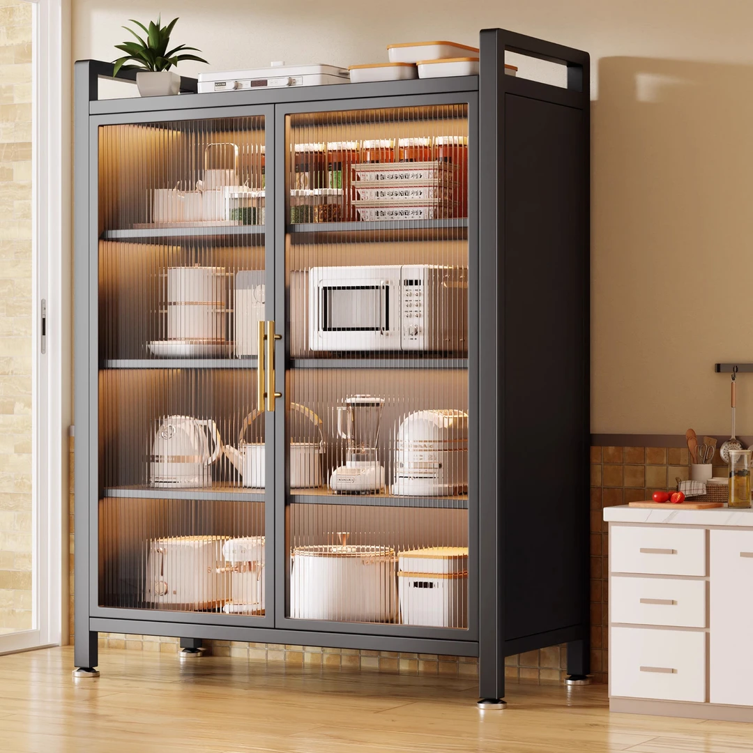 家用碳钢双开门储物柜子厨房对开门落地多层置物柜厨房防尘餐边柜