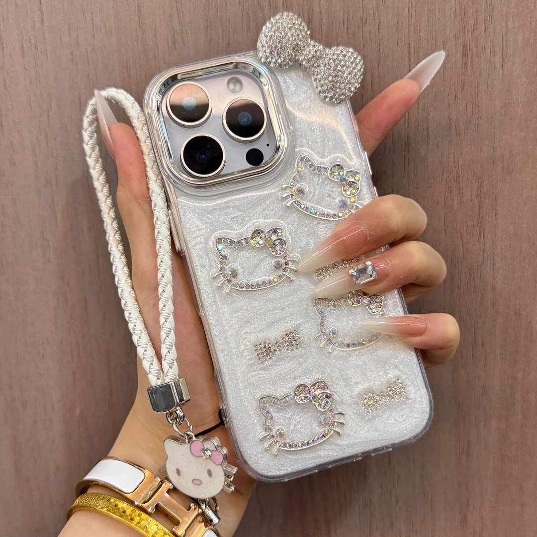 适用于苹果16手机壳14立体闪钻蝴蝶结kt猫iPhone15新款可爱131211