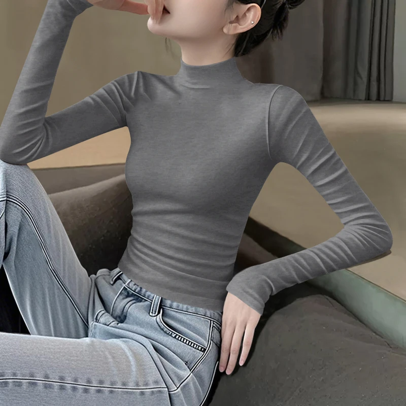 高级灰色半高领长袖打底衫女螺纹爆款秋冬2025新款内搭修身上衣服