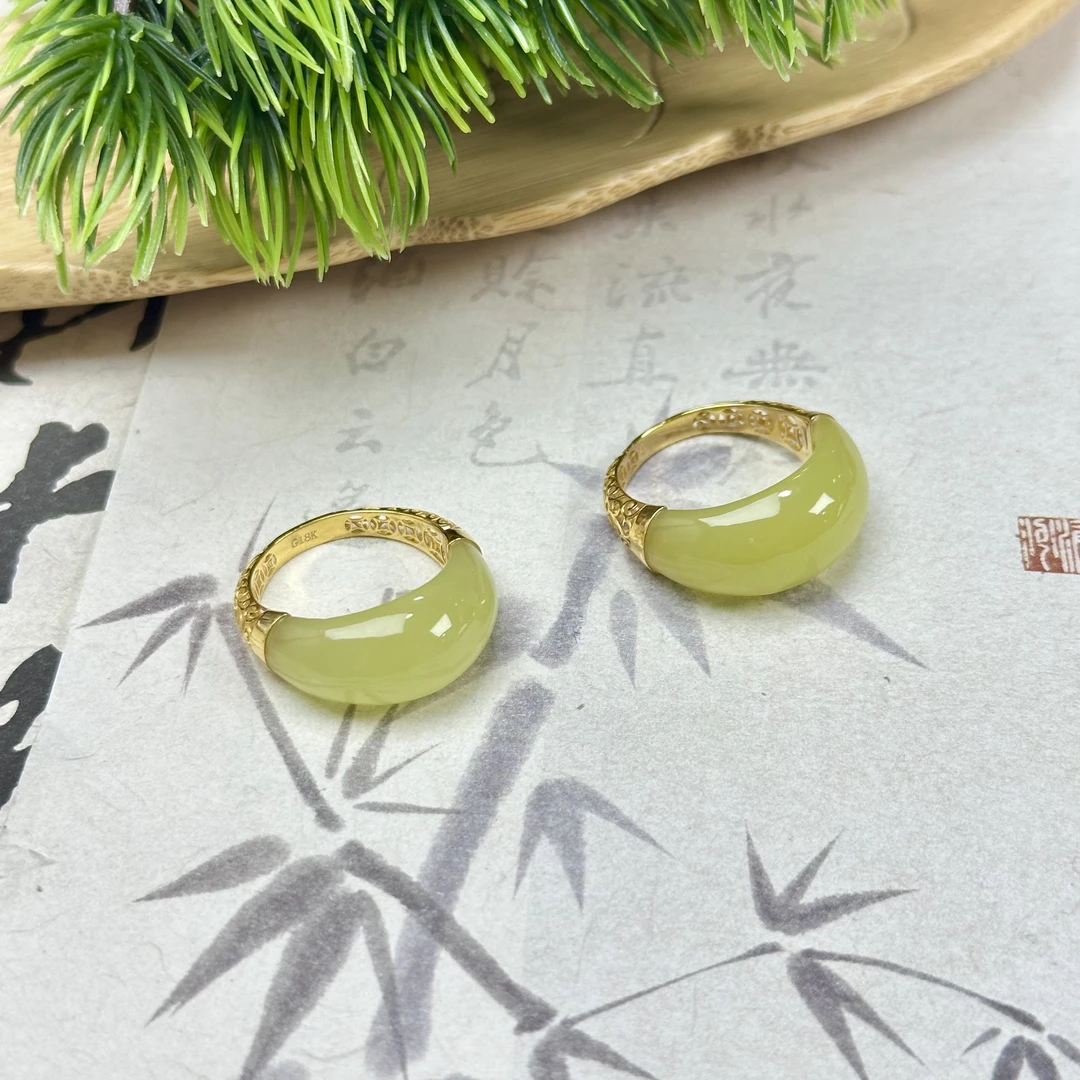 JYSP109和田玉黄口18k金镶戒指10mm+多样性发其一