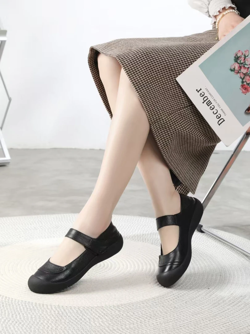 头层牛皮复古浅口软底圆头百搭舒适妈妈鞋母亲节闰月鞋新款单鞋