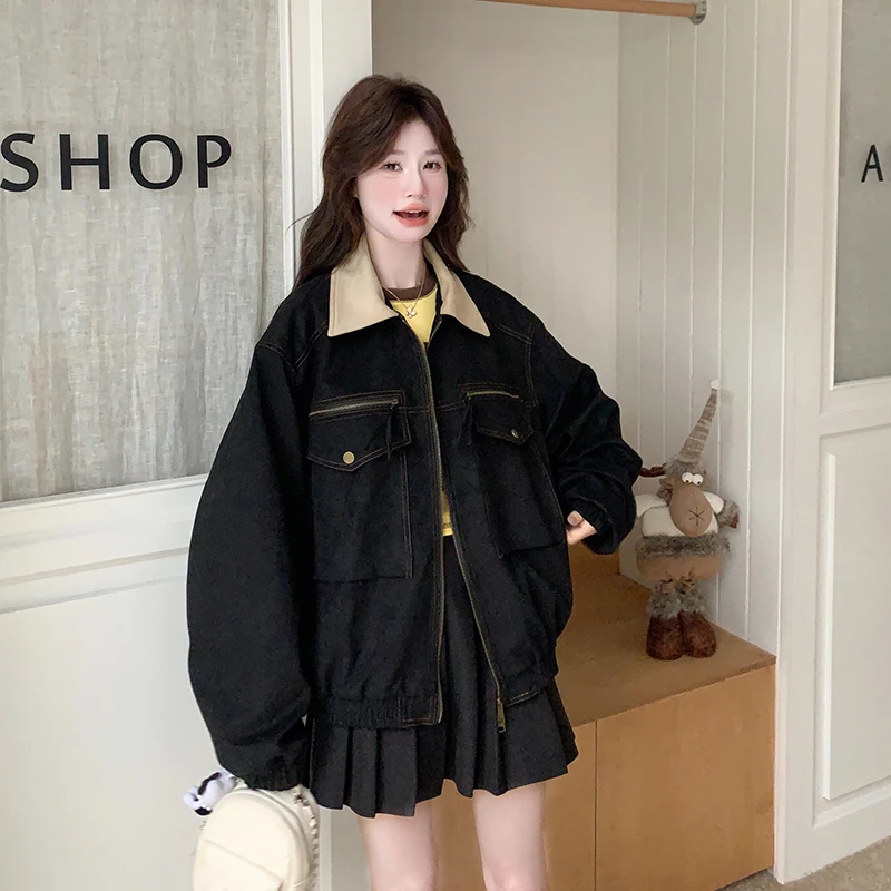 美式复古拉链夹克外套女2025春季麂皮绒宽松百搭显瘦设计感短上衣