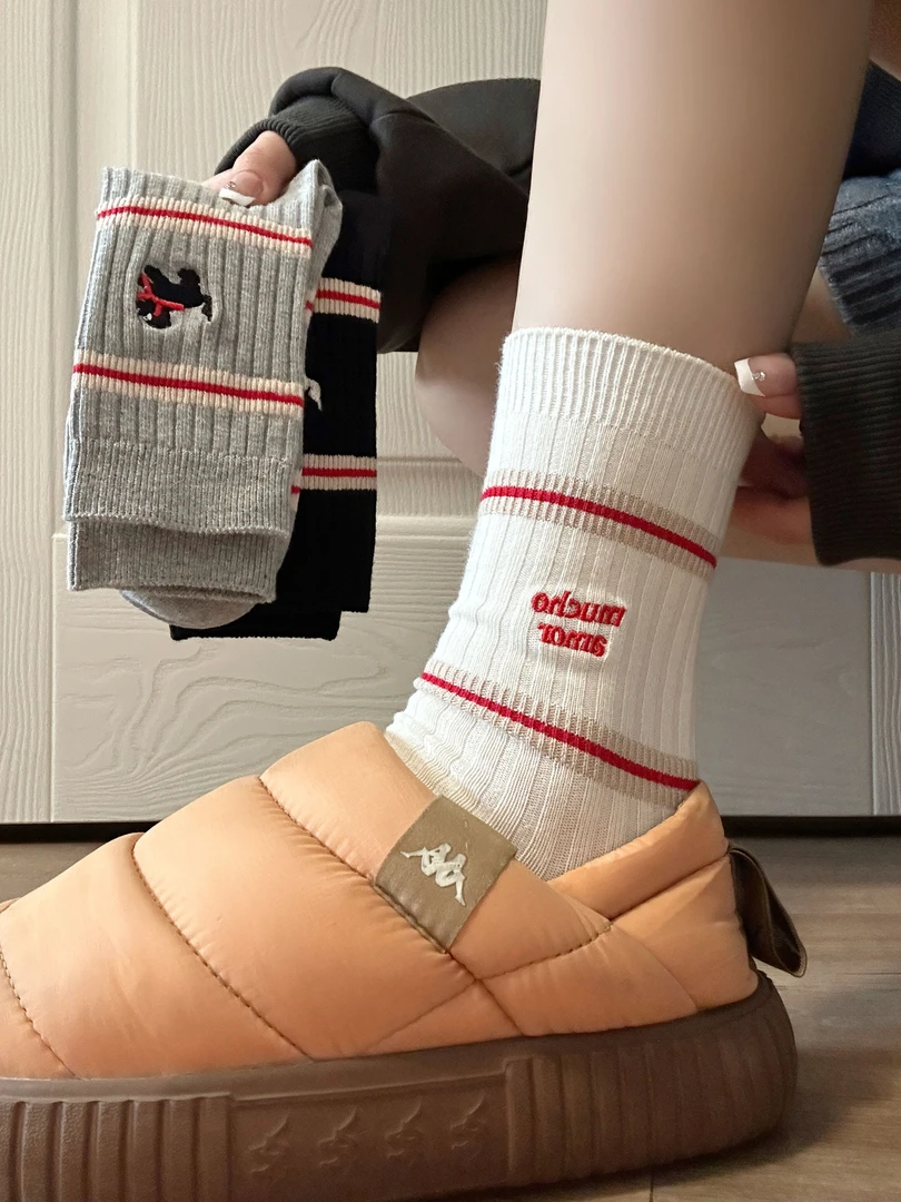 韩系insAB脚设计条纹撞色围脖小狗中筒袜春秋双针英文刺绣堆堆袜