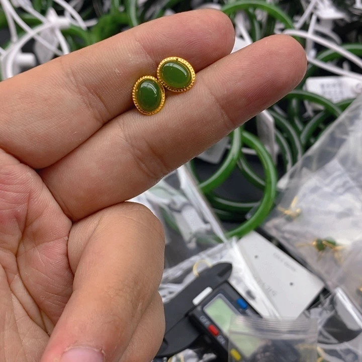 和田玉（碧玉）耳饰银S925镀金镶嵌