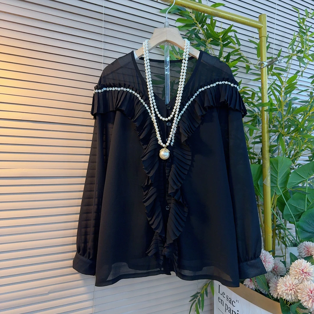 25062胖妹妹秋季新款纯色名媛风荷叶边订珠订钻设计感减龄衬衫