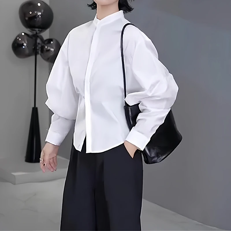 春季简约高级感立领纯色衬衫女2025宽松显瘦韩系小众长袖流行上衣