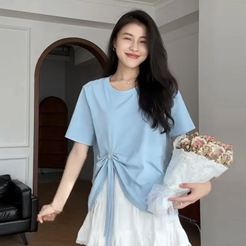 棉大码2025夏季新款正肩不规则短袖T恤女装显瘦设计感时尚上衣ins