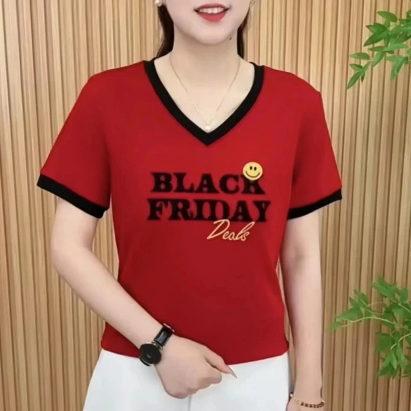 2025夏季时尚简约新款休闲V领字母不褪色百搭潮流短袖