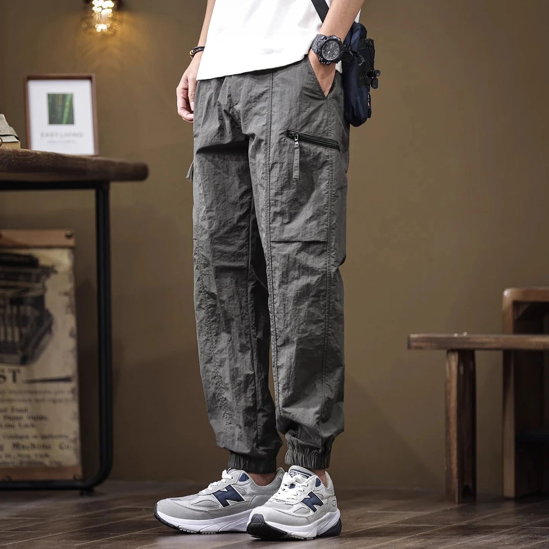美式潮牌设计感工装裤男士夏季宽松大码冰丝速干休闲哈伦束脚裤子
