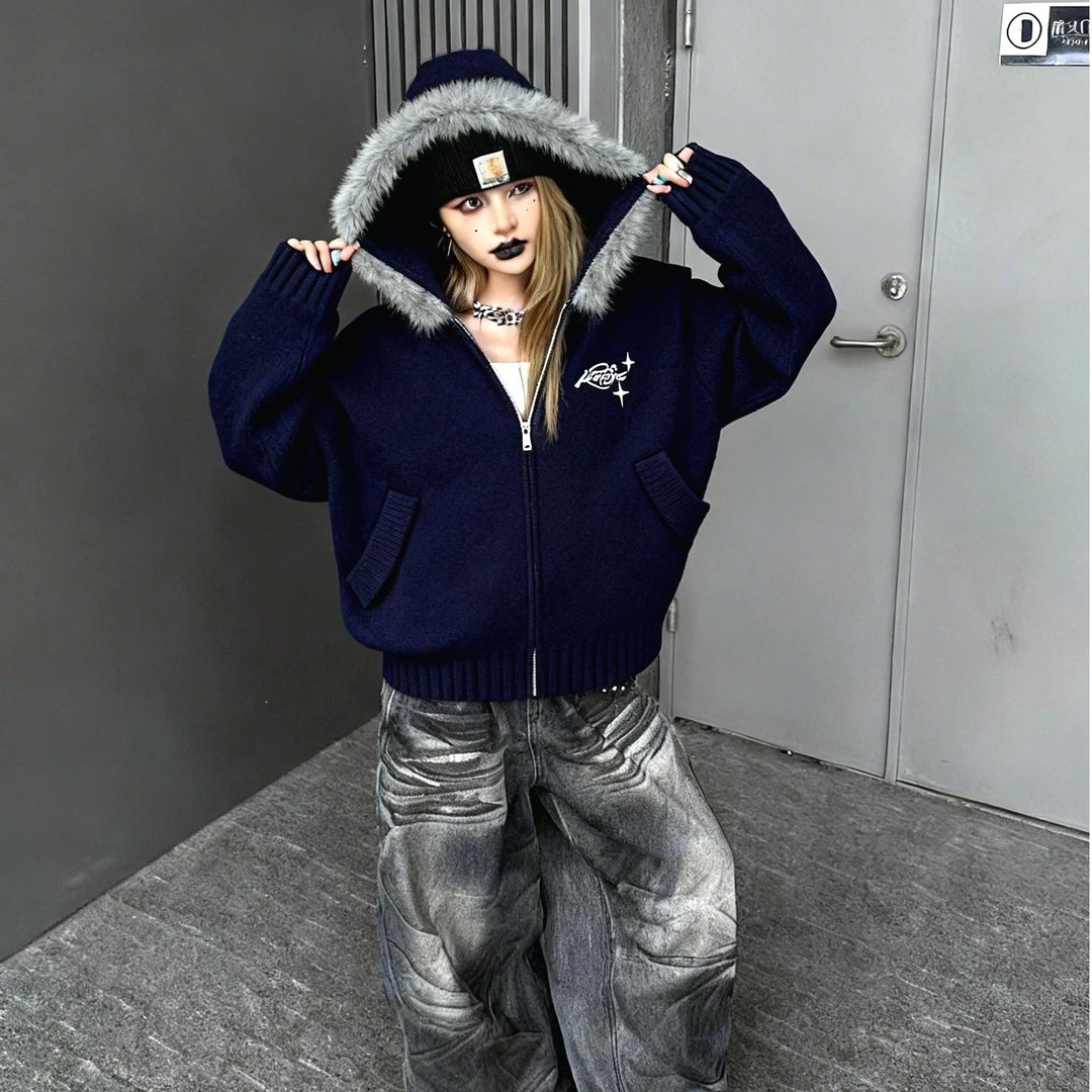 欧美街头轻奢可拆卸毛领连帽开衫学院情侣针织衫卫衣外套毛衣中性