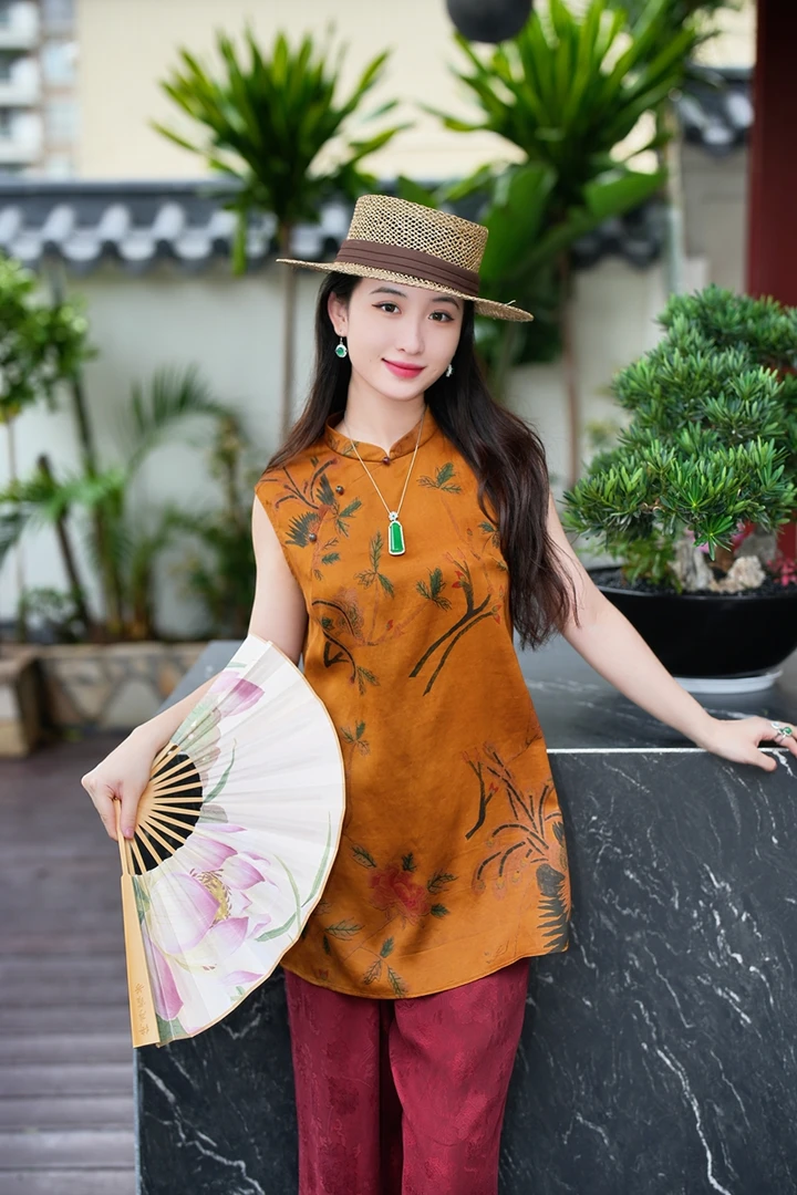 蓝大【辰砂​​​​】新中式桑蚕丝短袖上衣5084