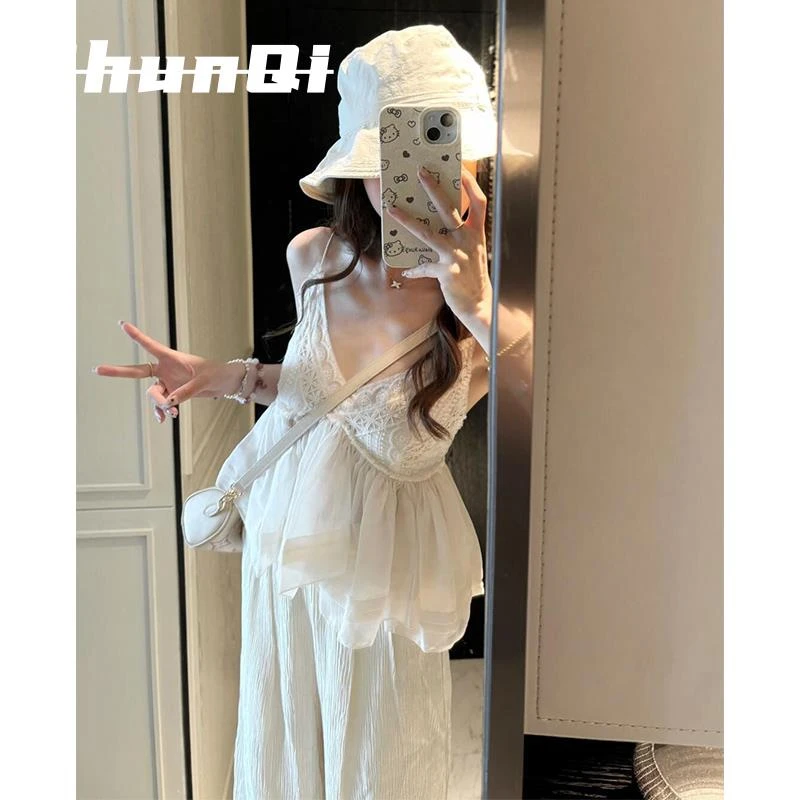 淳启辣妹套装独特别致白色吊带上衣阔腿裤子两件套夏装搭配一整套