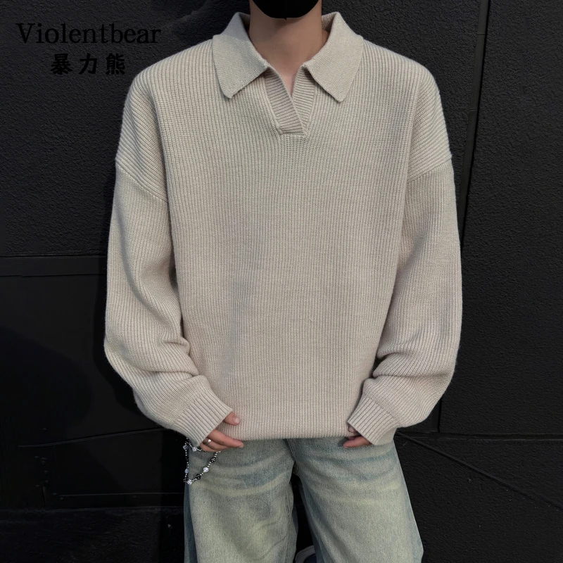 暴力熊秋冬百搭休闲潮流翻领POLO针织衫男宽松落肩袖时尚毛衣男