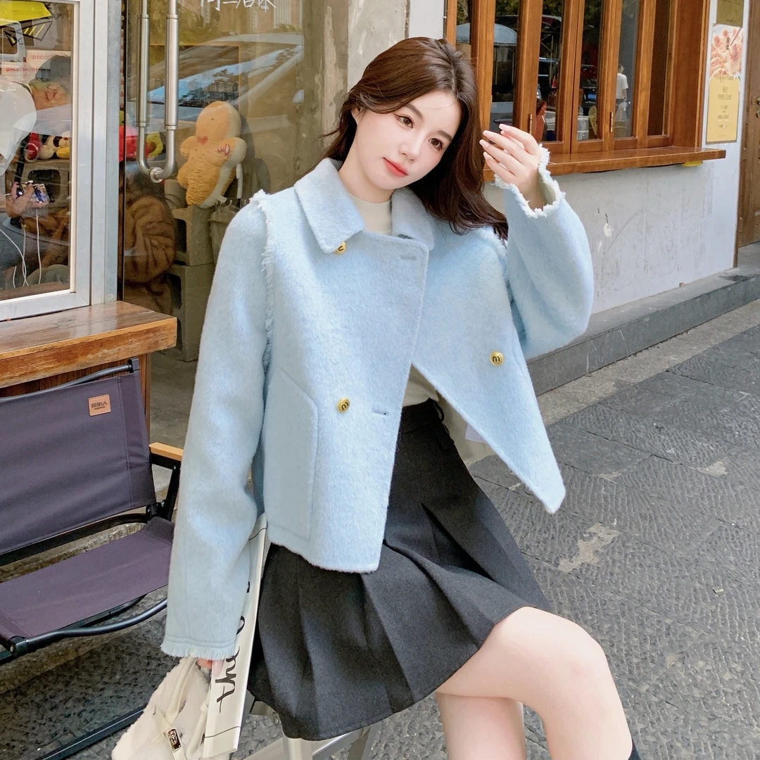 蓝色小香风双面羊绒大衣女短款冬季新款小个子高级感显瘦毛呢外套