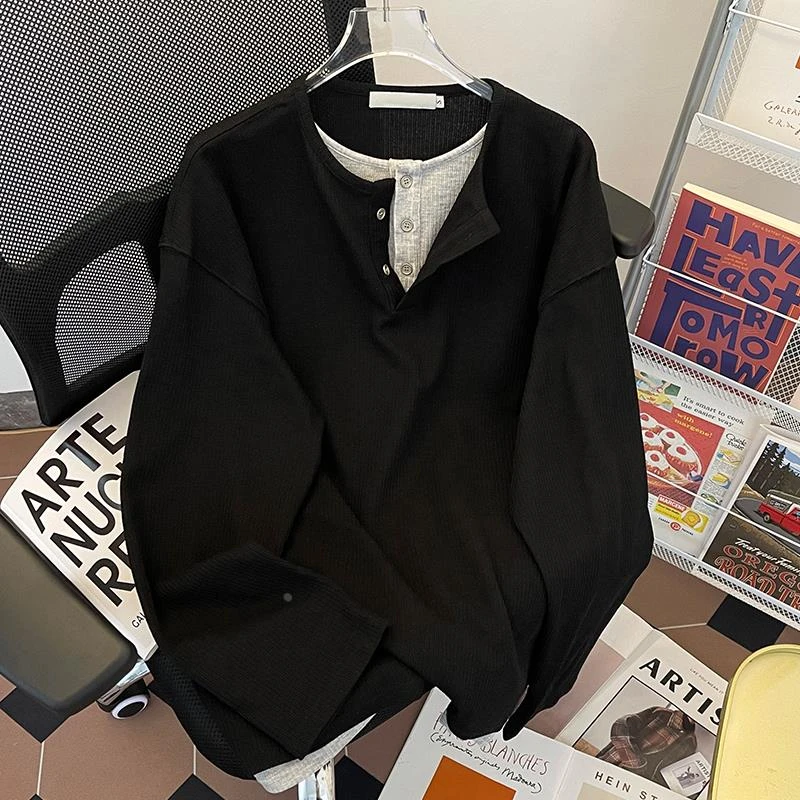 春秋圆领卫衣男套头假两件休闲潮牌青少年设计感美式运动初秋上衣