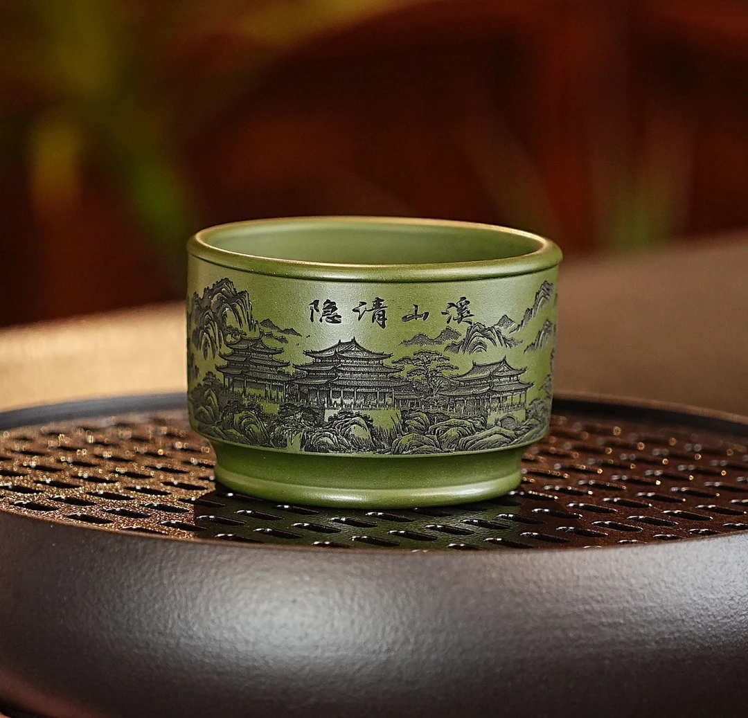116 宜兴原矿紫砂全手工景舟绿泥茶杯刻绘山水溪山清隐图主人杯