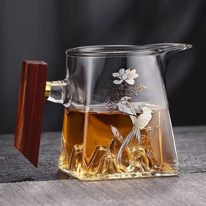 喜上眉梢玻璃公道杯带莲花银茶漏3197木柄侧把分茶器茶海高档家用