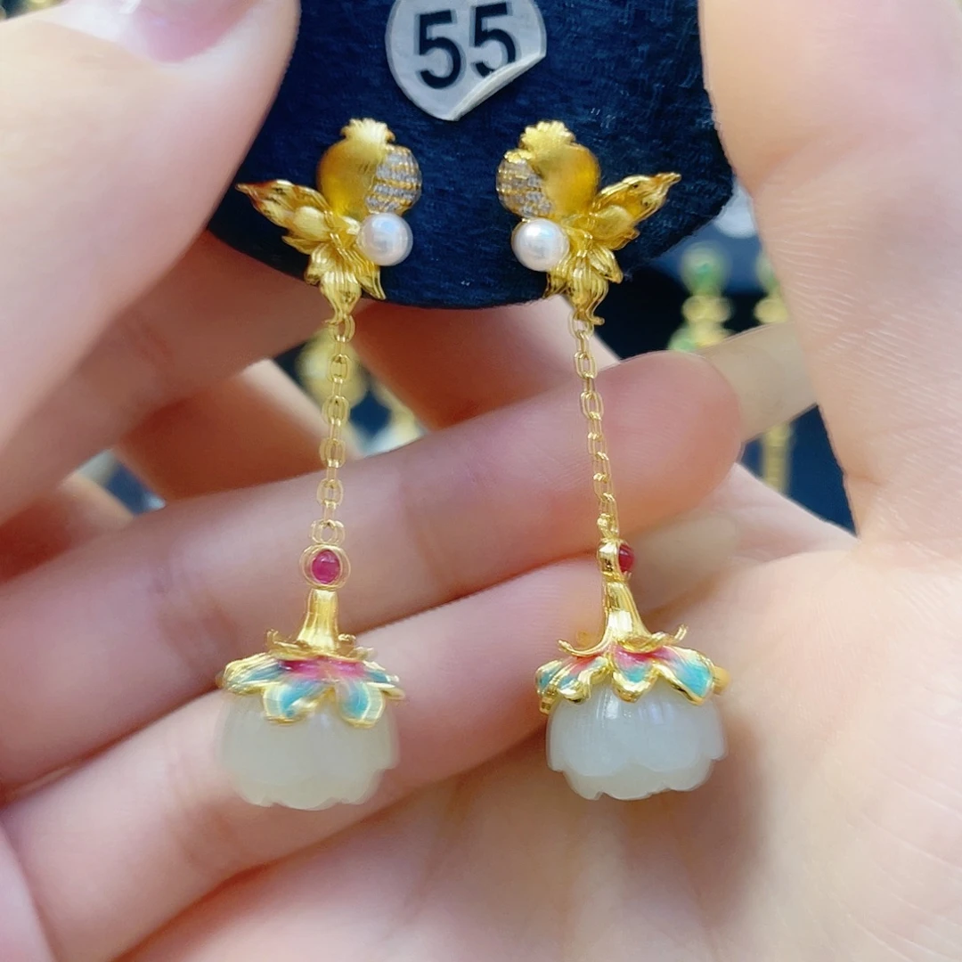 和田玉银S925镀金镶嵌耳饰